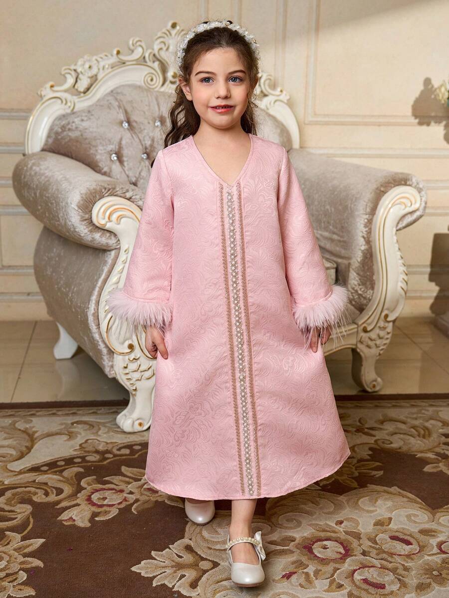 SHEIN Young Girl Loose Puff Sleeve Furry V-Neck Splicing Dress