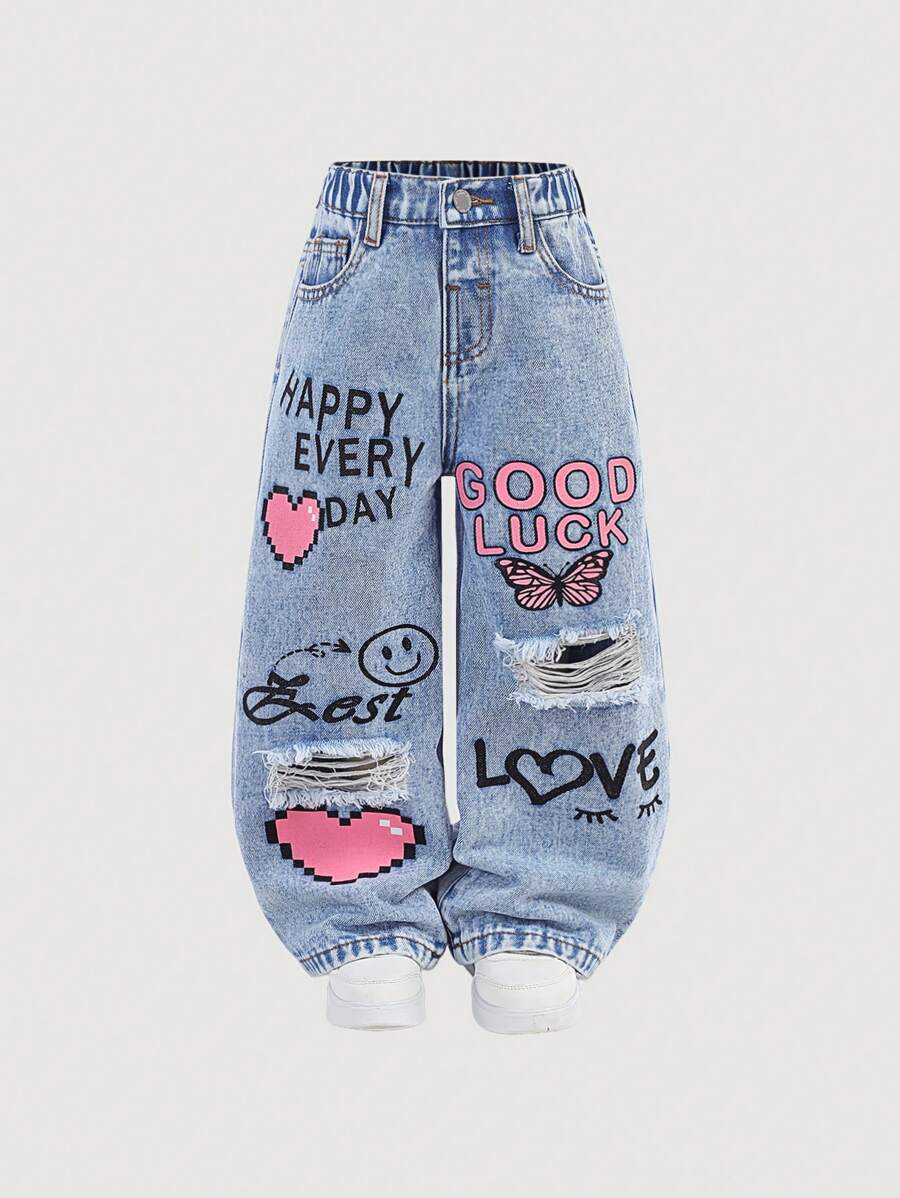 SHEIN Pantalon large et lâche en jean bleu avec motif de cœur et visage souriant pour jeune fille Y2K, pantalon décontracté de printemps et d'été pour filles, tenue de vacances