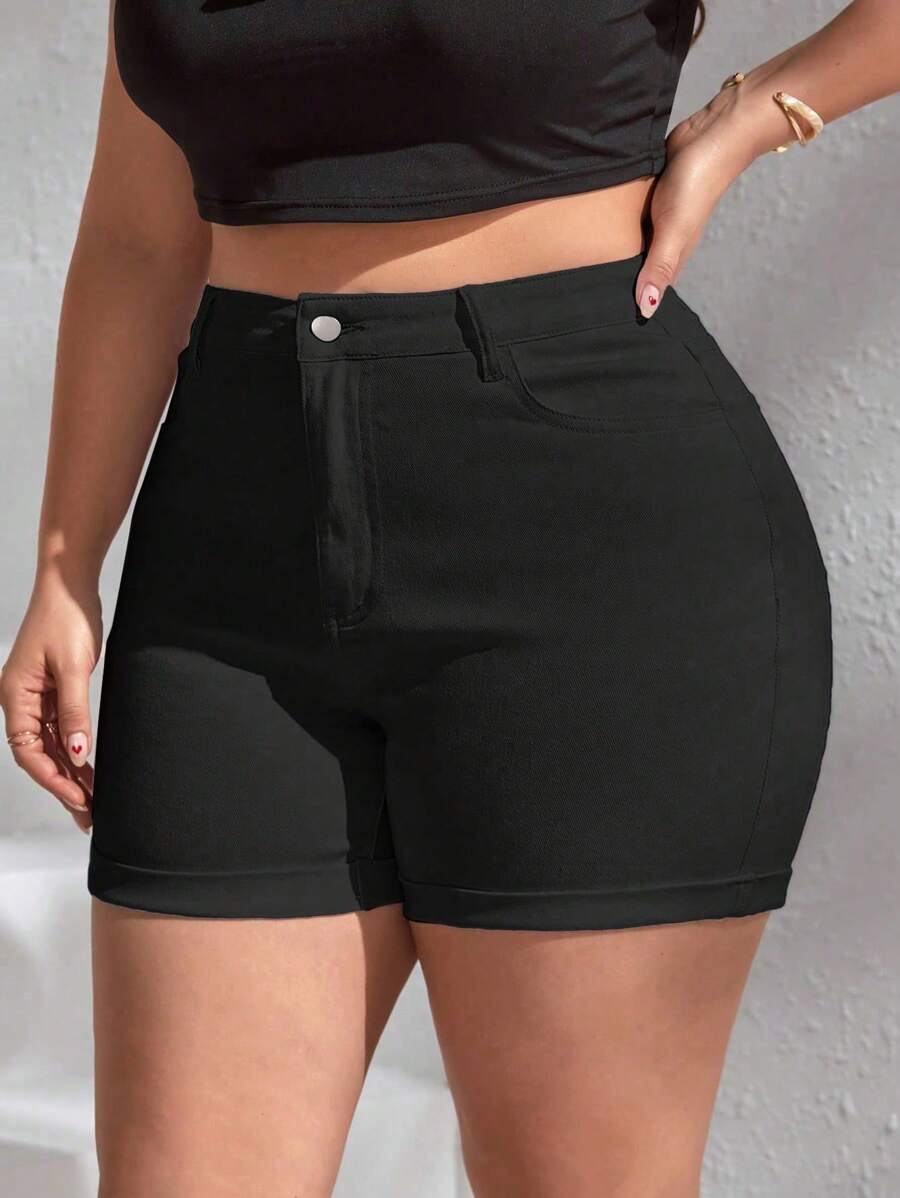 SHEIN CURVE+ Plus Size Women's Elastic Black Folded Hem Denim Shorts