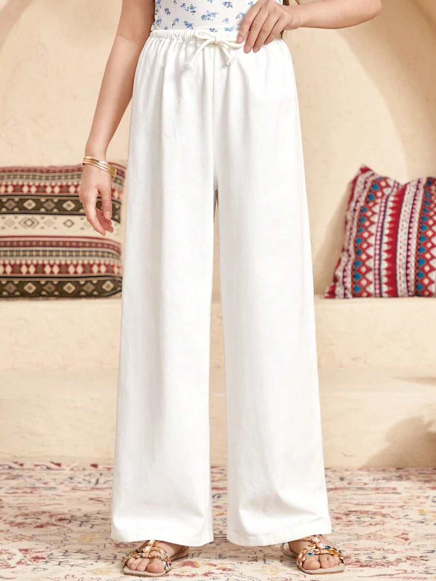 SHEIN Teen Girls' Casual Vacation White Comfortable Woven Cotton Twill Drawstring Waist Wide Leg Pants