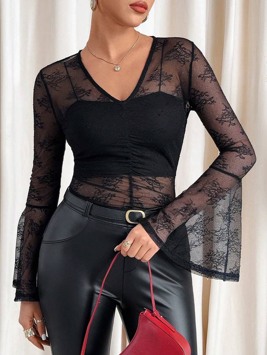 SHEIN Clasi Elegant Sexy Sheer Lace Bell Sleeve Hollow Out Blouse For Women,New Year Eve Dress