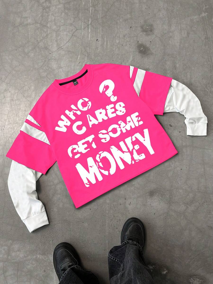 Manfinity Hypemode Sweat-shirt décontracté à col ras du cou, manches longues, imprimé lettre, patchwork de couleur unie, pour homme