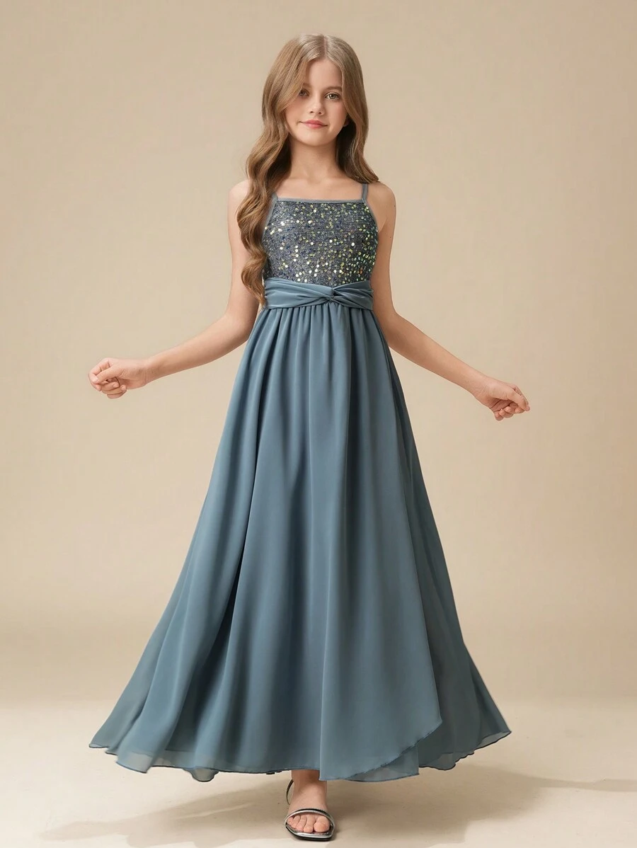 Tween Girl Wedding Party Flower Girl Elegant Sequin & Bead Embellished Chiffon Asymmetric Hem Long Dress, Birthday Party Pageant Gown