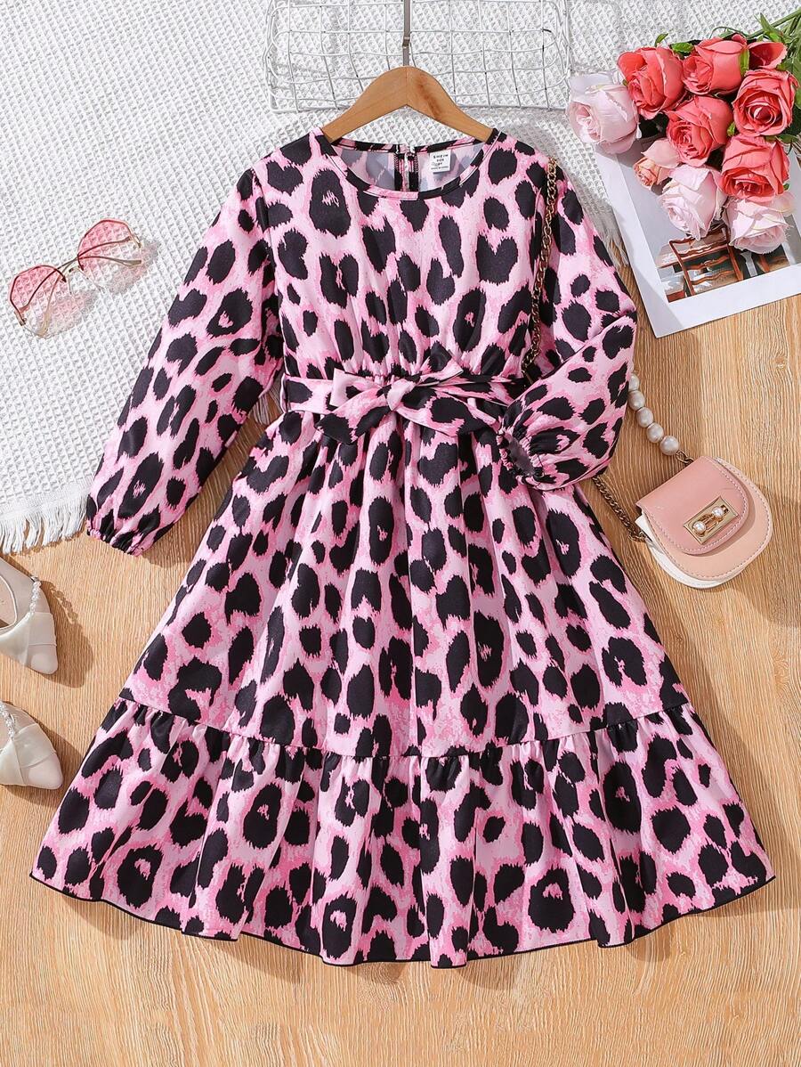 SHEIN Robe à manches lanternes avec imprimé léopard pour jeune fille