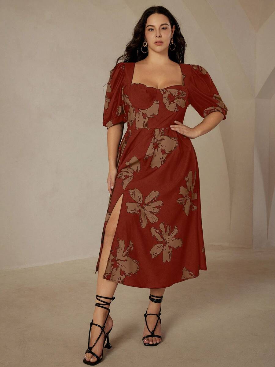 Aveloria Rosie Plus Size Willekeurige Franse Vintage Botsende Kleur Bloemenprint Gerimpelde Buste Cup Vierkante Hals Pofmouw Jurk Vakantie Outfits Vrouw Voor De Zomer