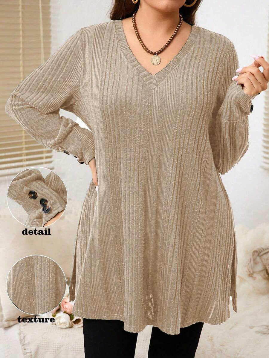 EMERY ROSE Maglietta casual a maniche lunghe con scollo a V in tinta unita e costine, taglia curvy per donna