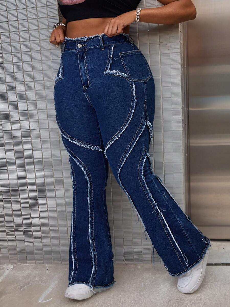 SHEIN SXY Plus Size Women Elastic Distressed Jeans With Frayed Hem Design, Skinny Flare Jeans