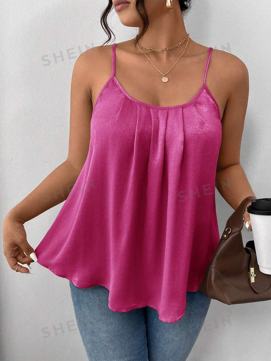 SHEIN Frenchy Camiseta sin mangas plisada en línea A con color liso y corte holgado en tallas grandes