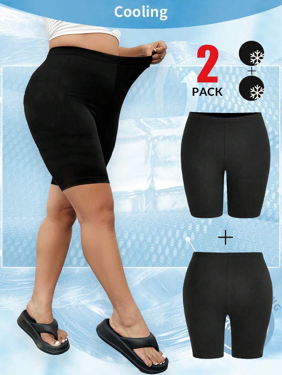 SHEIN EZwear Set de 2 pantalones cortos negros de talle alto y silueta ajustada de tela fresca para tallas grandes, ropa de primavera y verano para estudiantes universitarios