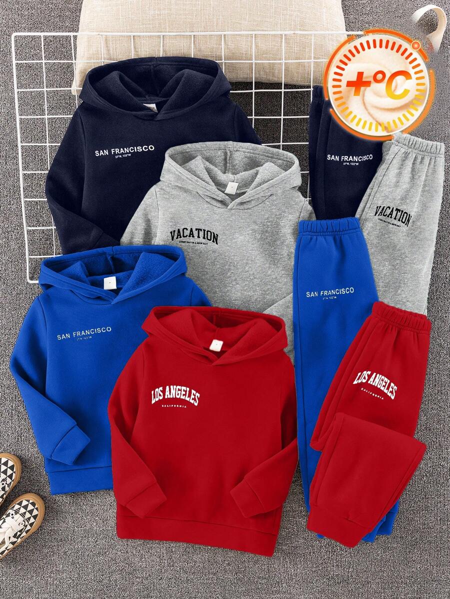 8pcs Tween Boy Casual Korean Style Letter & Graphic Print Hoodie Sweatshirt And Solid Color Sweatpants 2 Pieces Set, 4 Designs, Suitable For School, Garden, Beach, Birthday, Spring, Summer, Autumn, Winter