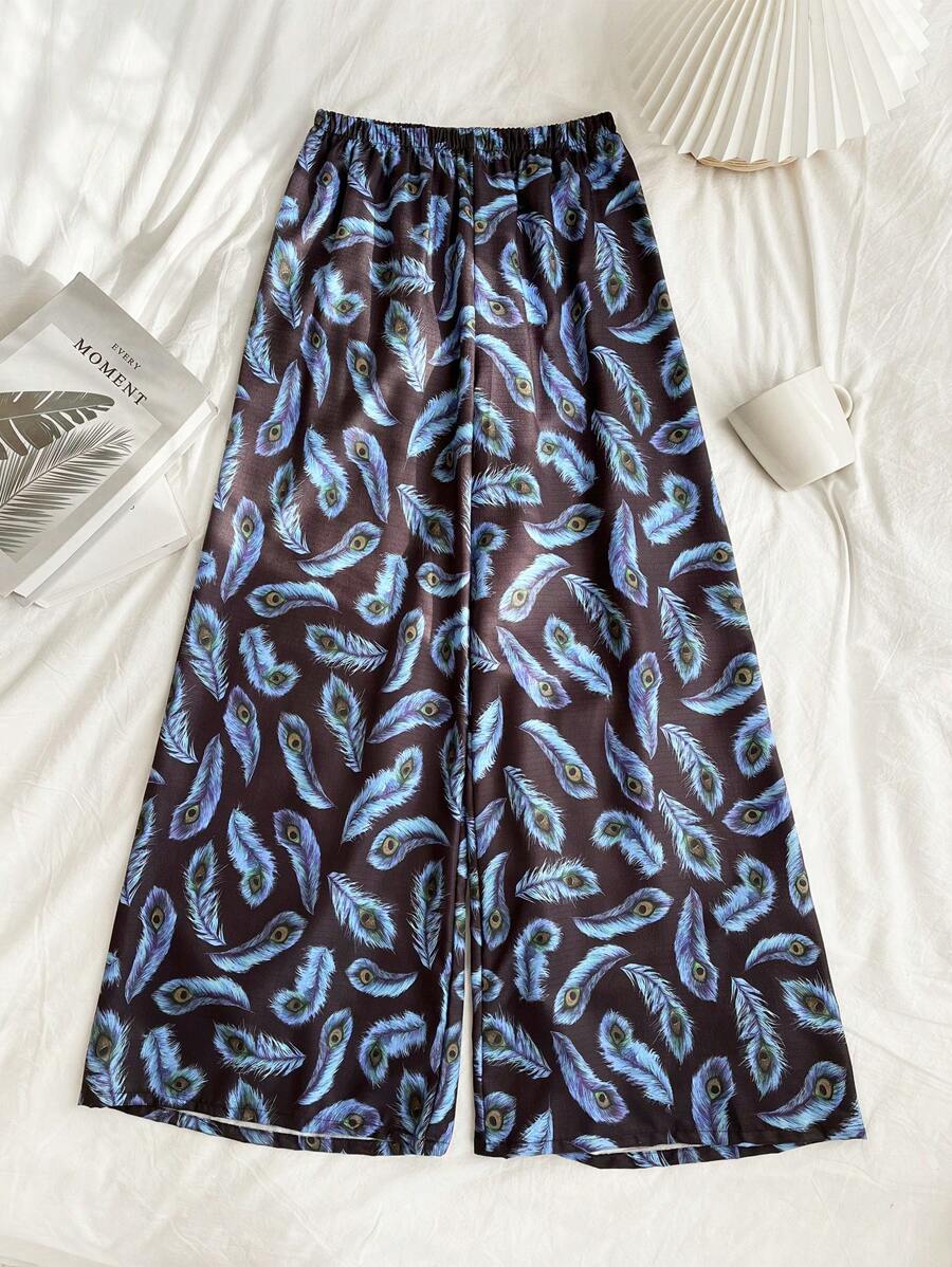 Pantalón ancho de pijama con estampado de plumas de pavo real para mujer