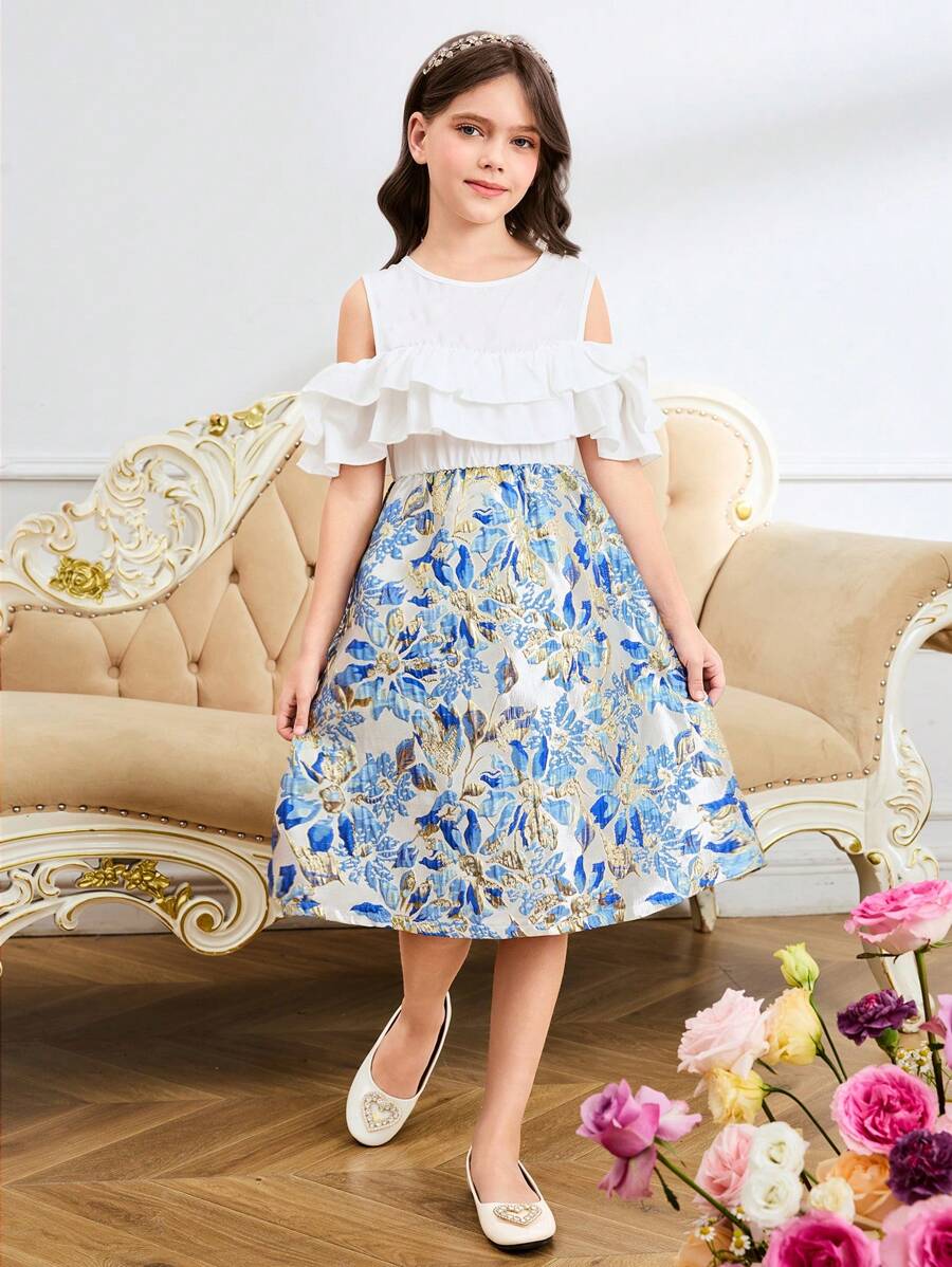 1 pieza Vestido azul para niñas preadolescentes con hombros descubiertos, volantes, bordados y decoraciones de lámina