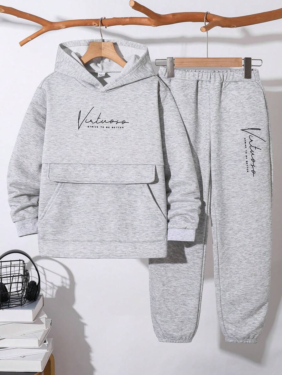 SHEIN 2pcs/Set Older Boys Casual Letter Print Hooded Sweatshirt And Pants Knit Tracksuit Set