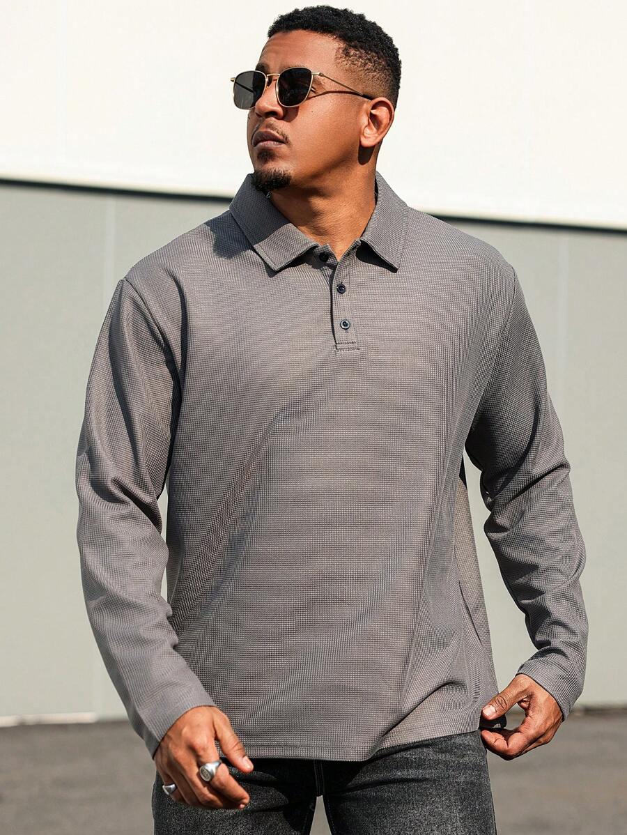 Manfinity CasualCool Camisa polo casual de manga larga con botones delanteros para hombre de talla grande, diseño minimalista