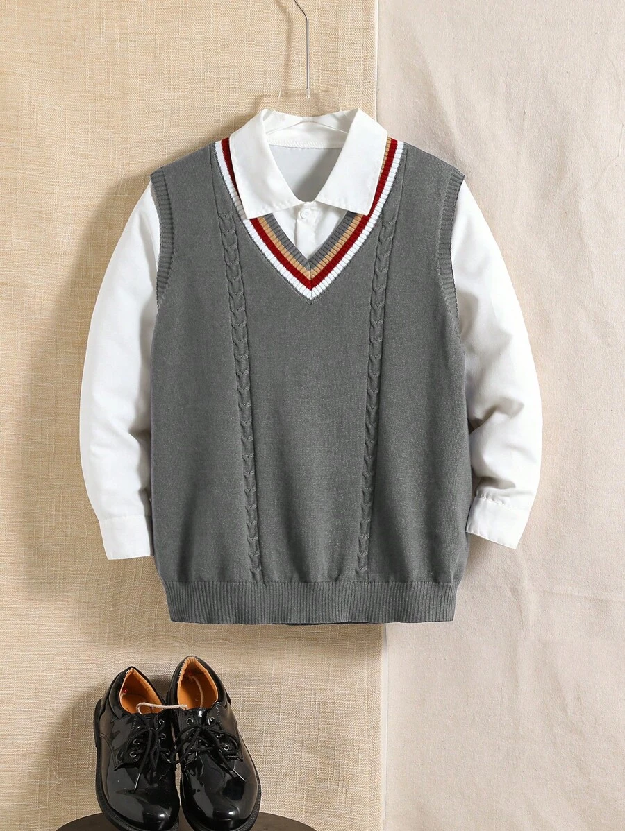 Gilet di maglia senza maniche, scollo a V, con finiture a contrasto per bambini/ragazzi pre-adolescenti