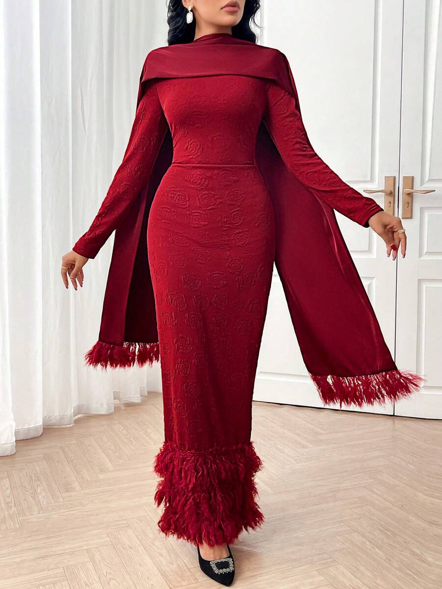 Modelyn Women Elegant Solid Color Tassel Trim Bodycon Dress Long Evening Dresses