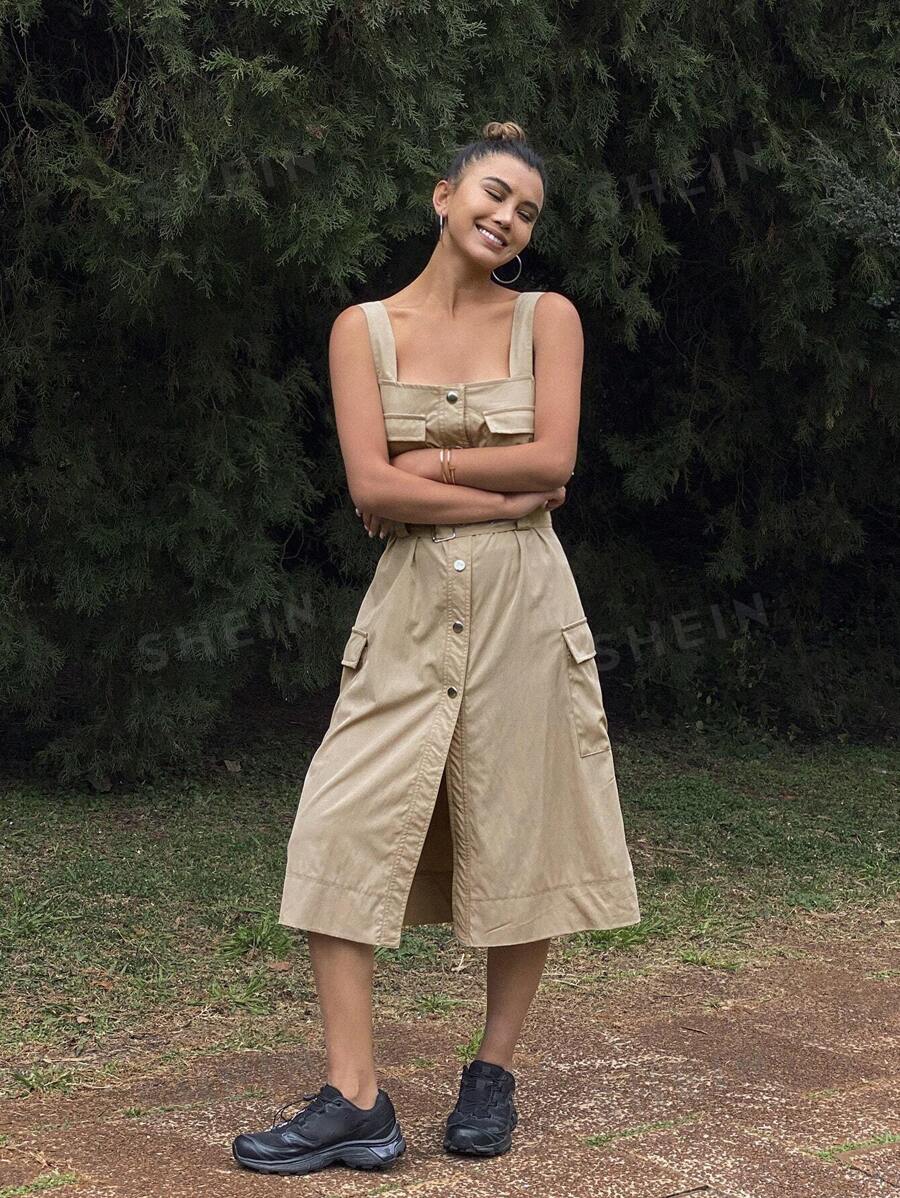 DAZY Vestido de verano casual y utilitario para exteriores, de unicolor, con cintura ajustada y abertura, estilo deportivo
