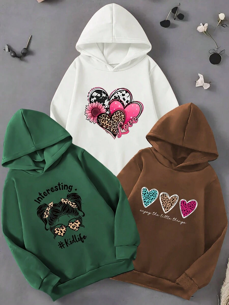 3 piezas Sudaderas con capucha de manga larga cómodas y holgadas con estampado de leopardo, corazones y retratos para niñas
