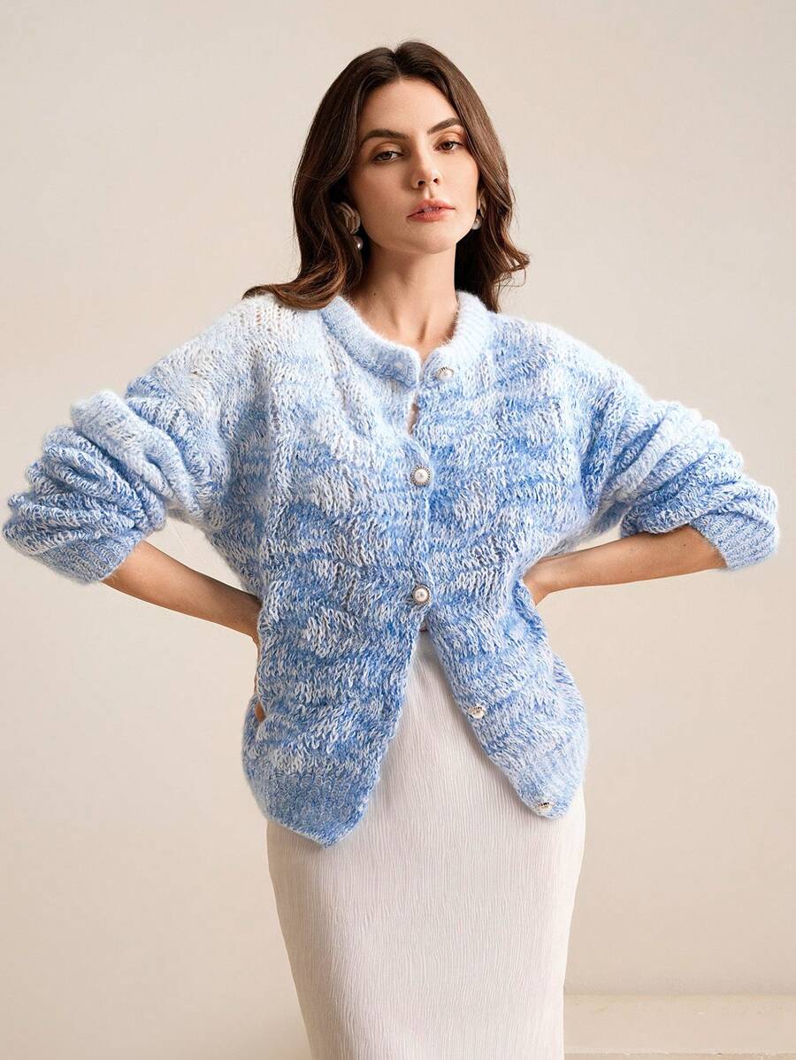 Anewsta Ombre Pink Soft Textured Round Neck Pearl Button Loose Romantic Knit Cardigan, Autumn/Winter, Christmas