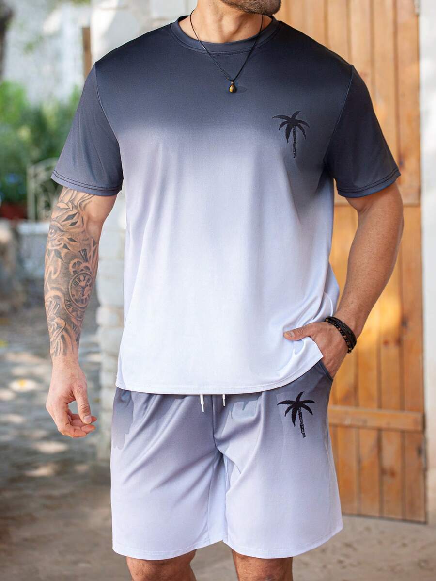 ResortEase Plus Size Men Gradient Palm Tree Print Short Sleeve T-Shirt And Shorts Set
