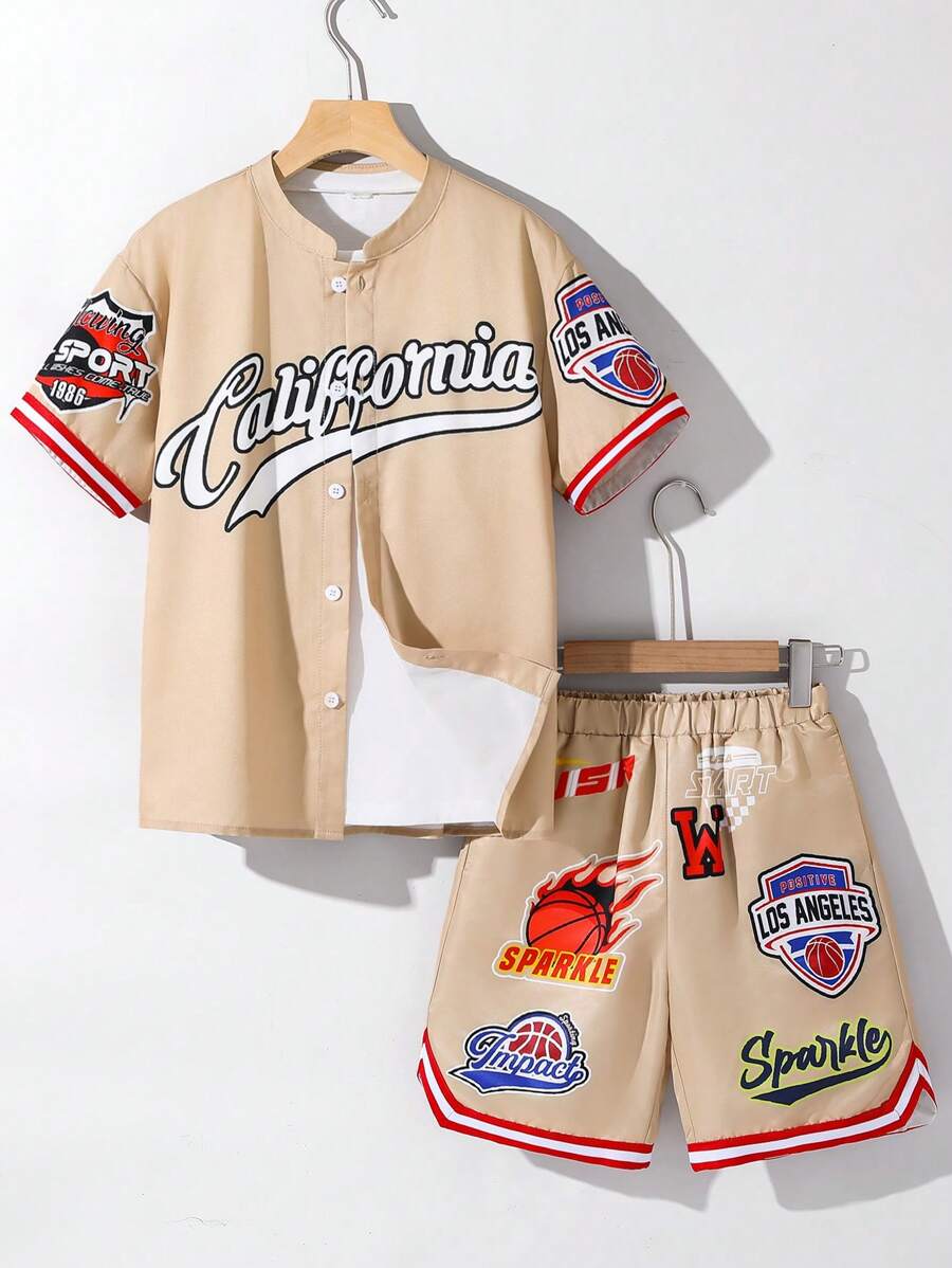 SHEIN Tween Boy Casual Street Basketball Pieced Webbing Open-Front Korte Mouw Shirt En Shorts 2 Stuks Set
