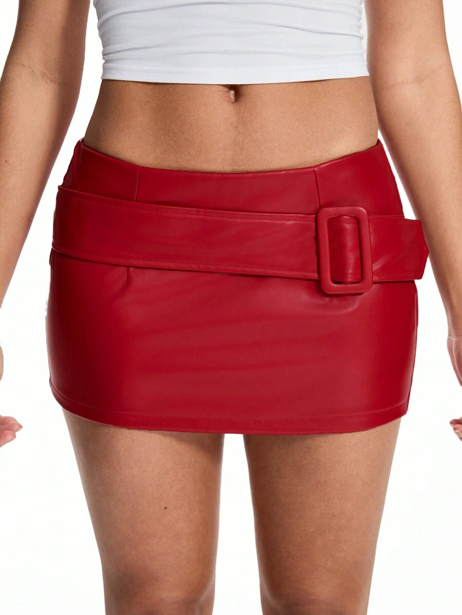 TRNVIE Plain Color A-Line Decorative Waistband PU Leather Mini Skirt For Women