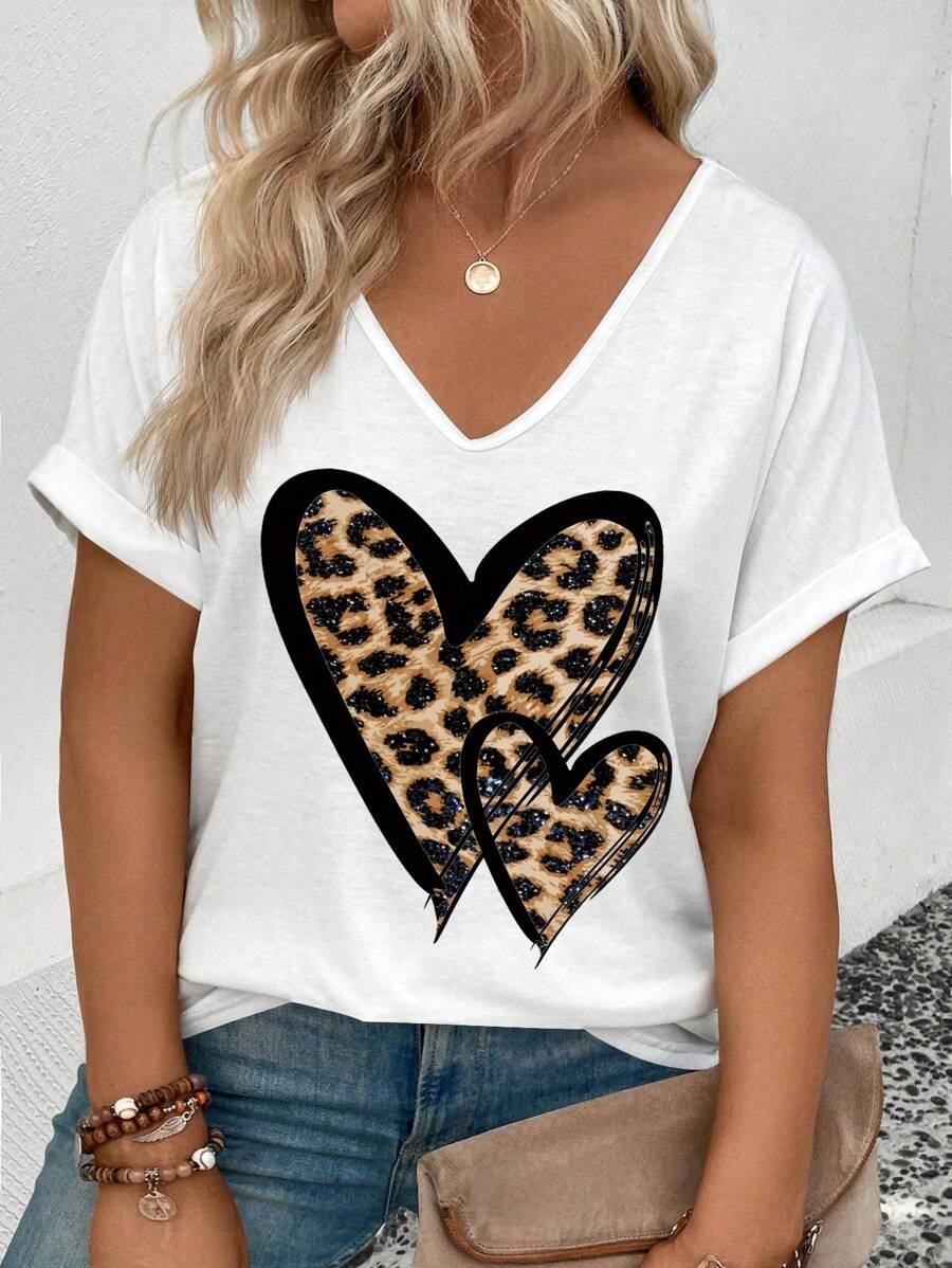 INAWLY Plus Size V-hals Korte Mouw Omslag Manchet Luipaard Print & Hart Grafisch Casual Veelzijdig T-shirt, Lente/Zomer