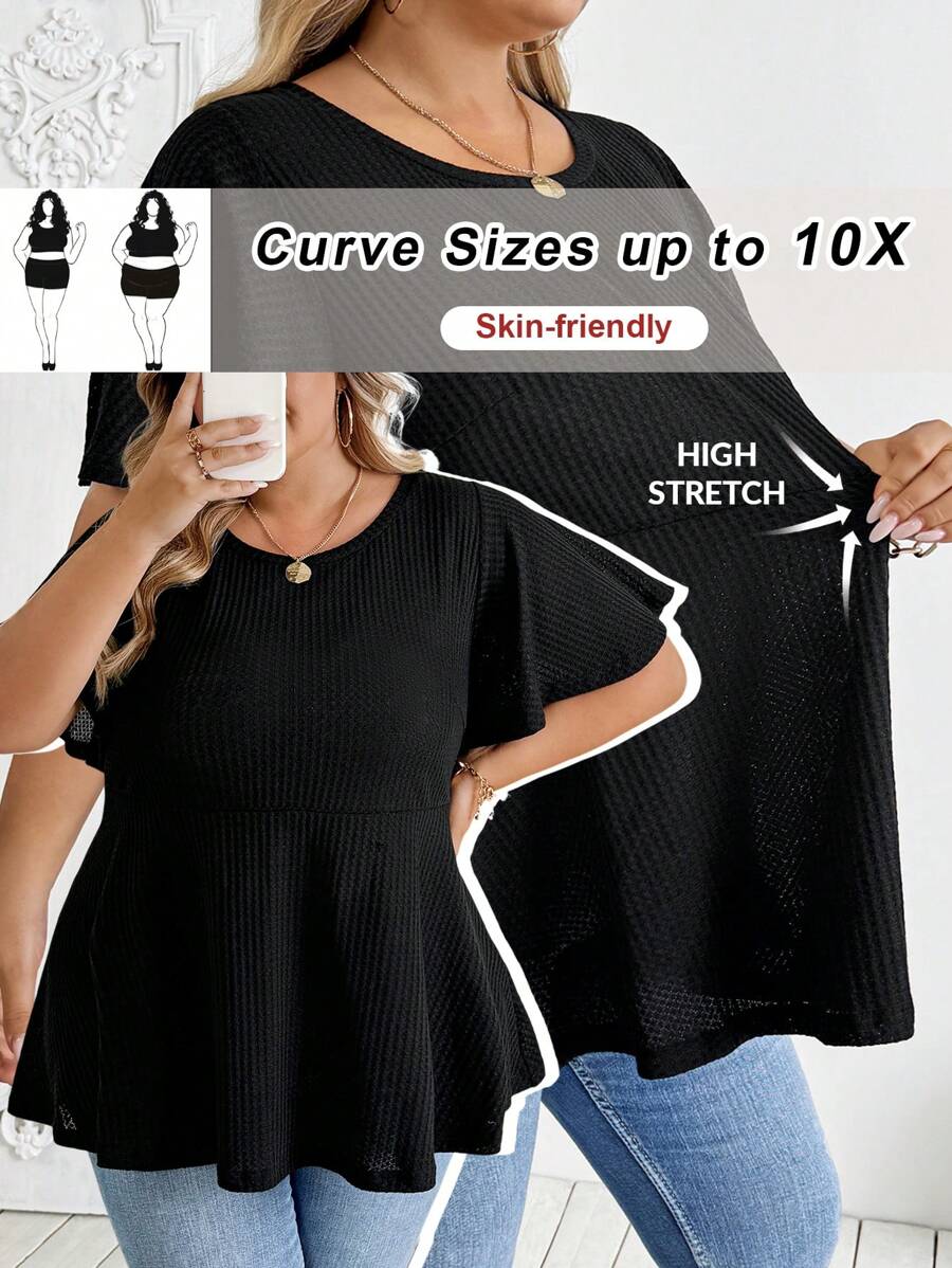 SHEIN CURVE+ Plus Size Women A-Line Short Sleeve Black T-Shirt Top, Versatile Casual Holiday