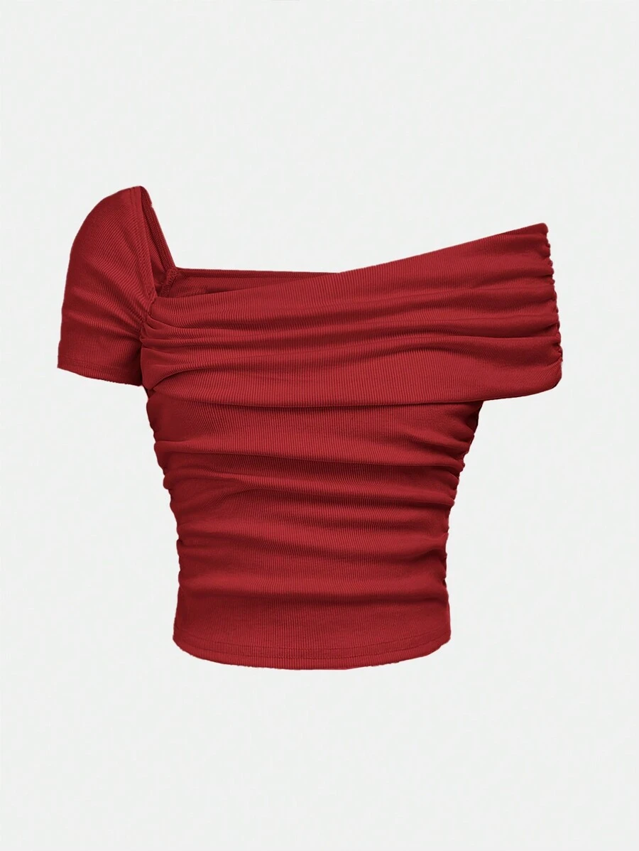 SHEIN Girlism Teen Girls Ribbed Knit Ruched Shoulder Slim Fit Casual T-Shirt, Red Top