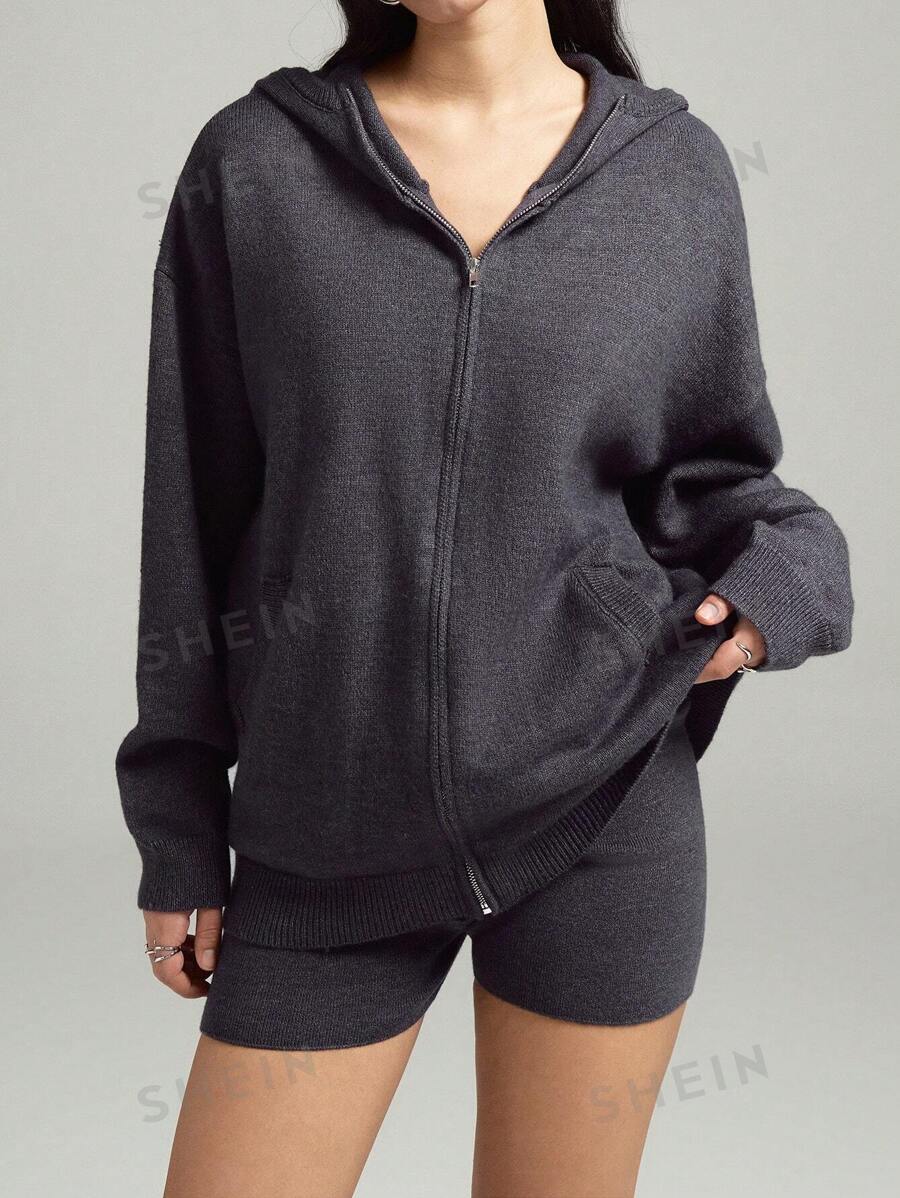LYSMO Conjunto de Mujer de Chaqueta con Capucha de Manga Dolman con Cierre Delantero y Shorts de Punto de unicolor