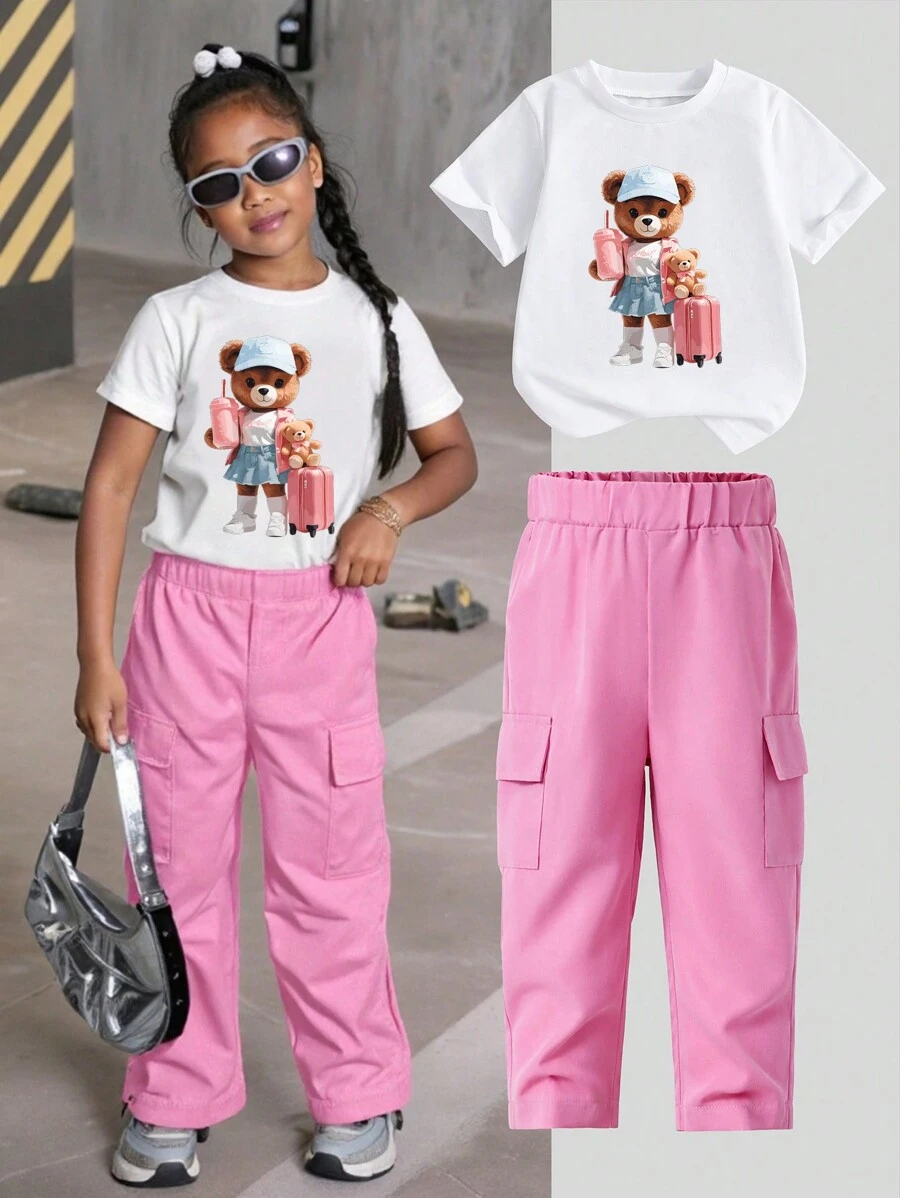 Conjunto de camiseta de manga corta de cuello redondo con estampado de leopardo y labios + pantalones largos a juego, estilo casual y elegante para niñas, adecuado para el verano