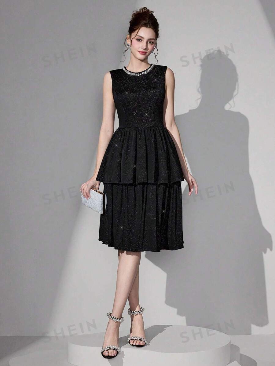 SHEIN Belle Vestido de fiesta elegante de mujer con dobladillo con volantes, sin mangas, de nueva llegada, para invitada de boda a cóctel o baile