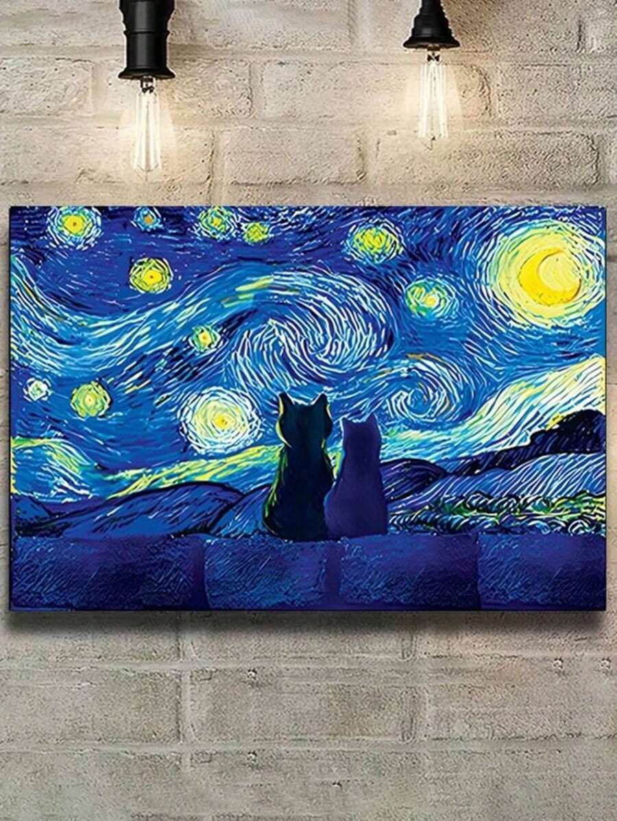 1 pieza Obra de arte de la Noche Estrellada, impresión en lienzo de obra de arte de gatos, póster de decoración de cielo nocturno, pintura de animales, pintura surrealista para decoración de habitación, estilo de Vincent Van Gogh, impresiones artísticas, decoración del hogar, pósteres, regalo ideal, para sala de estar, dormitorio, baño, cafetería