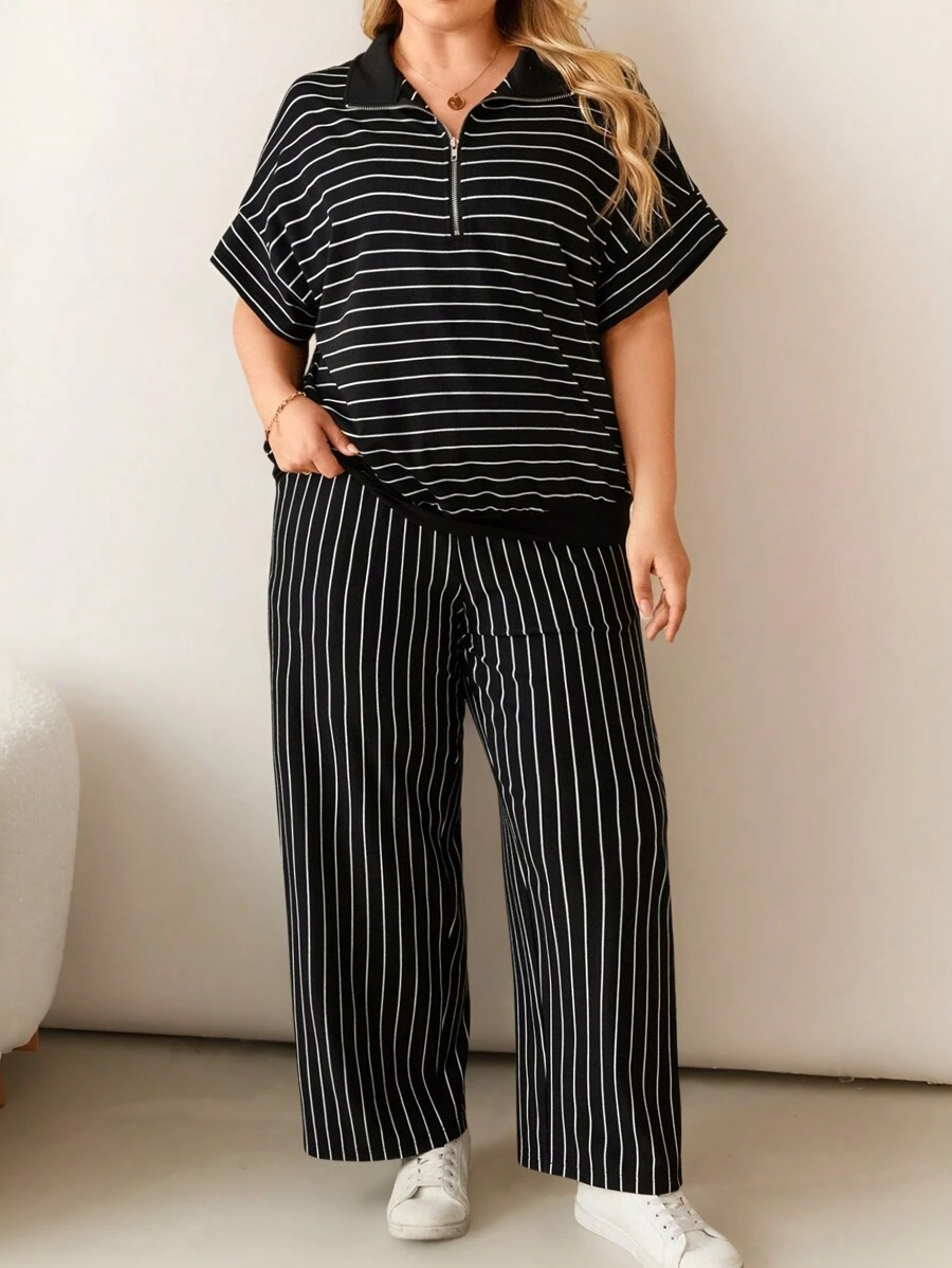 SHEIN LUNE 2pcs/Set Women Black & White Striped Zipper Collar Casual Sports Short Sleeve Top And Pants Set, Plus Size For Spring And Summer