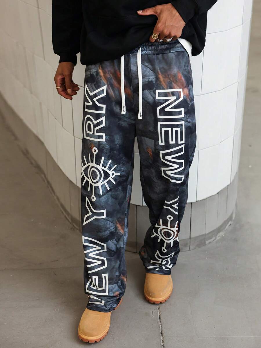 Manfinity Streetrush Manfinity Streetrush Men's Branch & Letter Print Drawstring Waist Casual Pants,Camo Pants