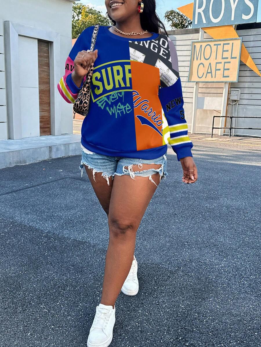 Slaydiva Plus Size Women Casual Letter Print Crew Neck Loose Long Sleeve Pullover Sweatshirt For Autumn/Winter