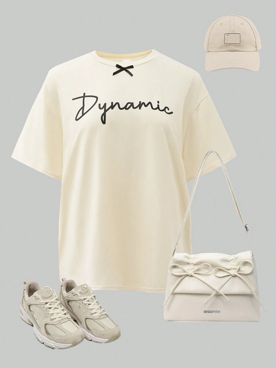 SHEIN Teen's 1pc Solid Color Minimalist Letter Logo Bow Decor Loose Casual Round Neck Short Sleeve T-Shirt