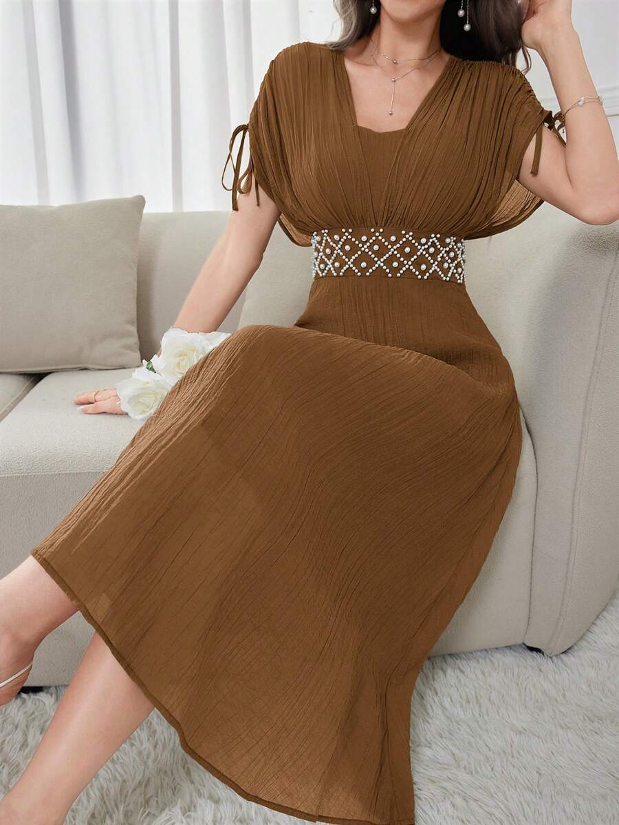 Modelyn Women's Brown Textured Midi Dress: Elegant Cocktail Or Party Dress With Pearl Beading,Summer Dresses For Women