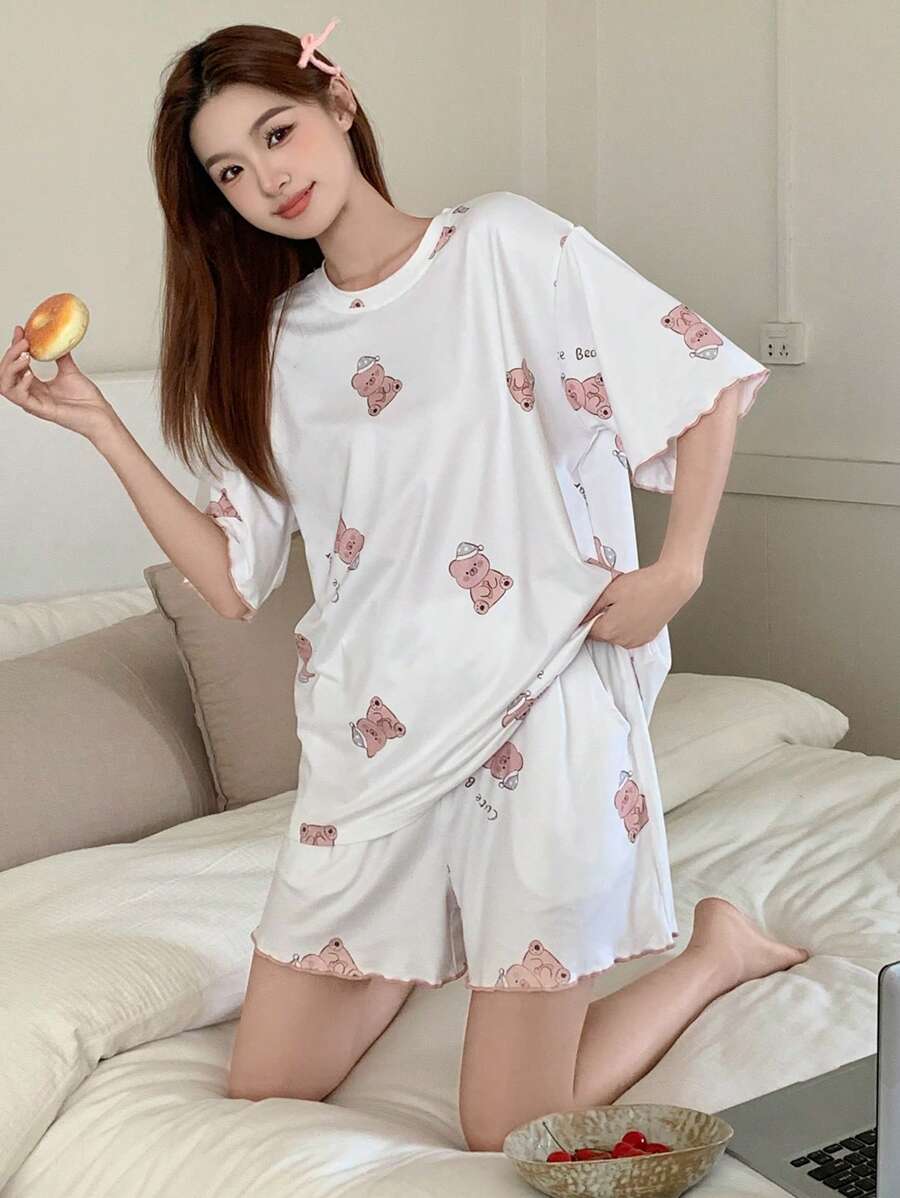 DAZY Women Cute Cartoon Pattern Allover Print Short Sleeve Shorts Pajamas Set