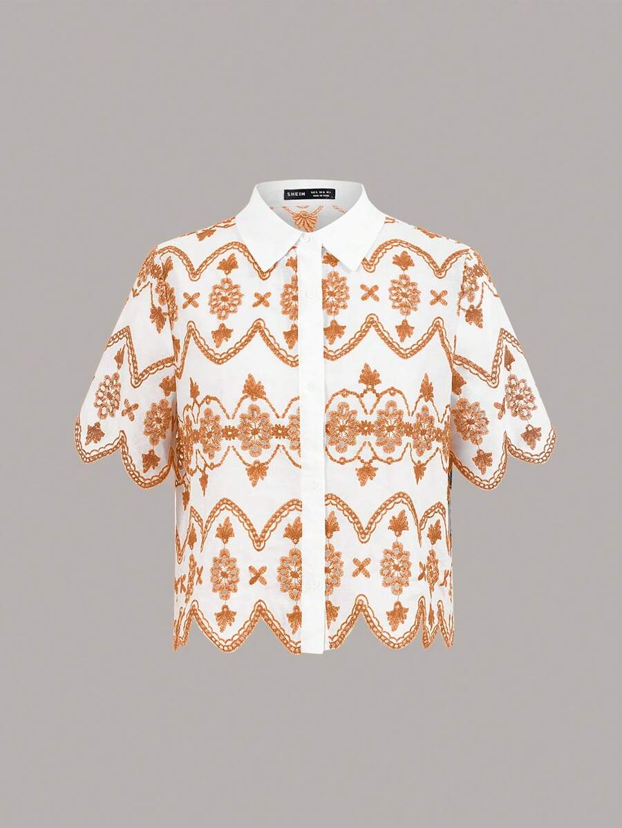 SHEIN Frenchy Dameskleding, zomerse damesoverhemden met knoopjes, prachtig geborduurd kort overhemd, overhemd met overhemdkraag, casual en comfortabel, goede luchtdoorlatendheid, geschikt voor woon-werkverkeer, dagelijkse vakantiekleding, kleding voor het afstudeerseizoen