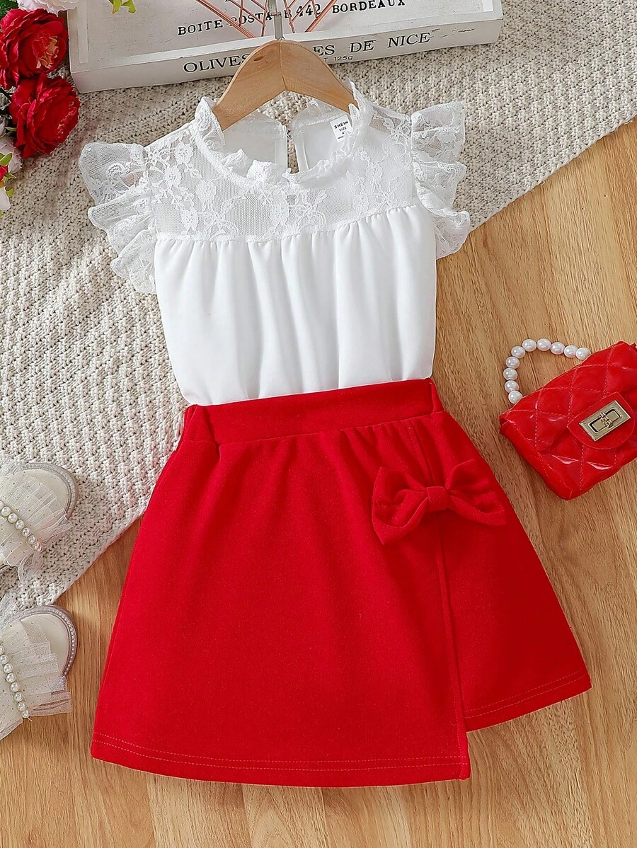 Formele set van 2 stuks voor jonge meisjes, witte blouse met kanten kraag en ruches en asymmetrische zoom, strik in de taille, elegante zomeroutfit