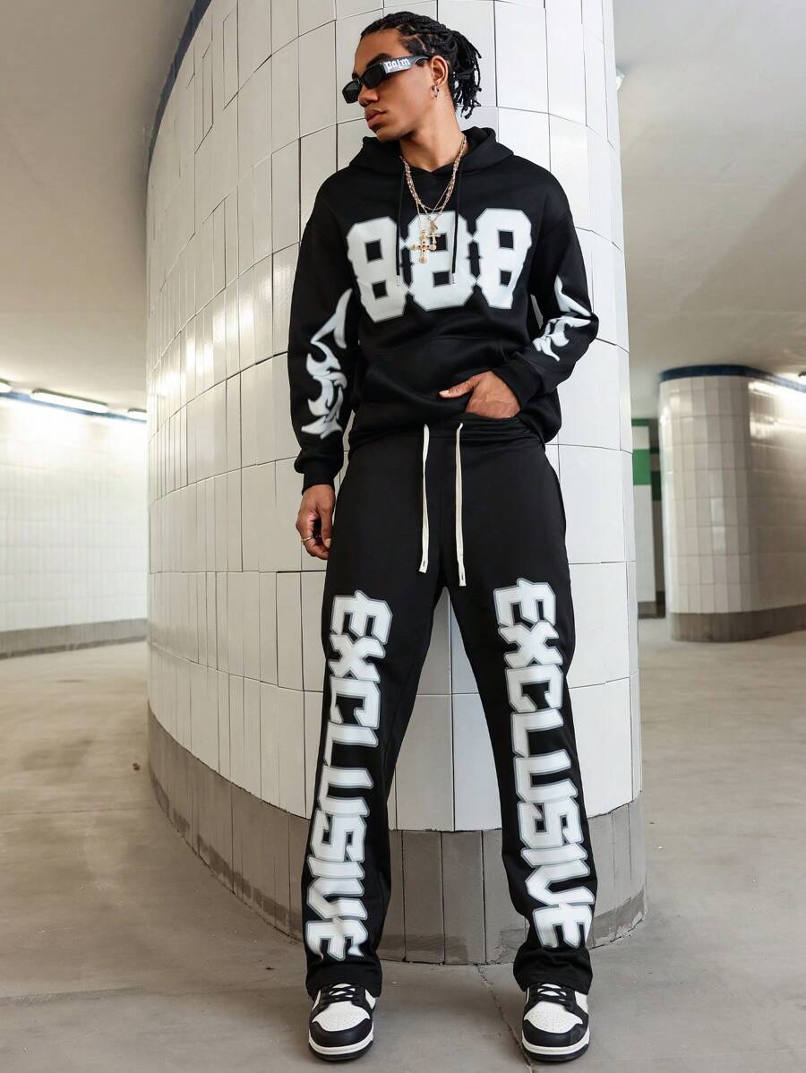 Manfinity Streetrush Conjunto de sudadera con capucha y pantalón de chándal estilo juvenil y de carreras con impresión digital grande en inglés para hombres, regalo para novio o esposo