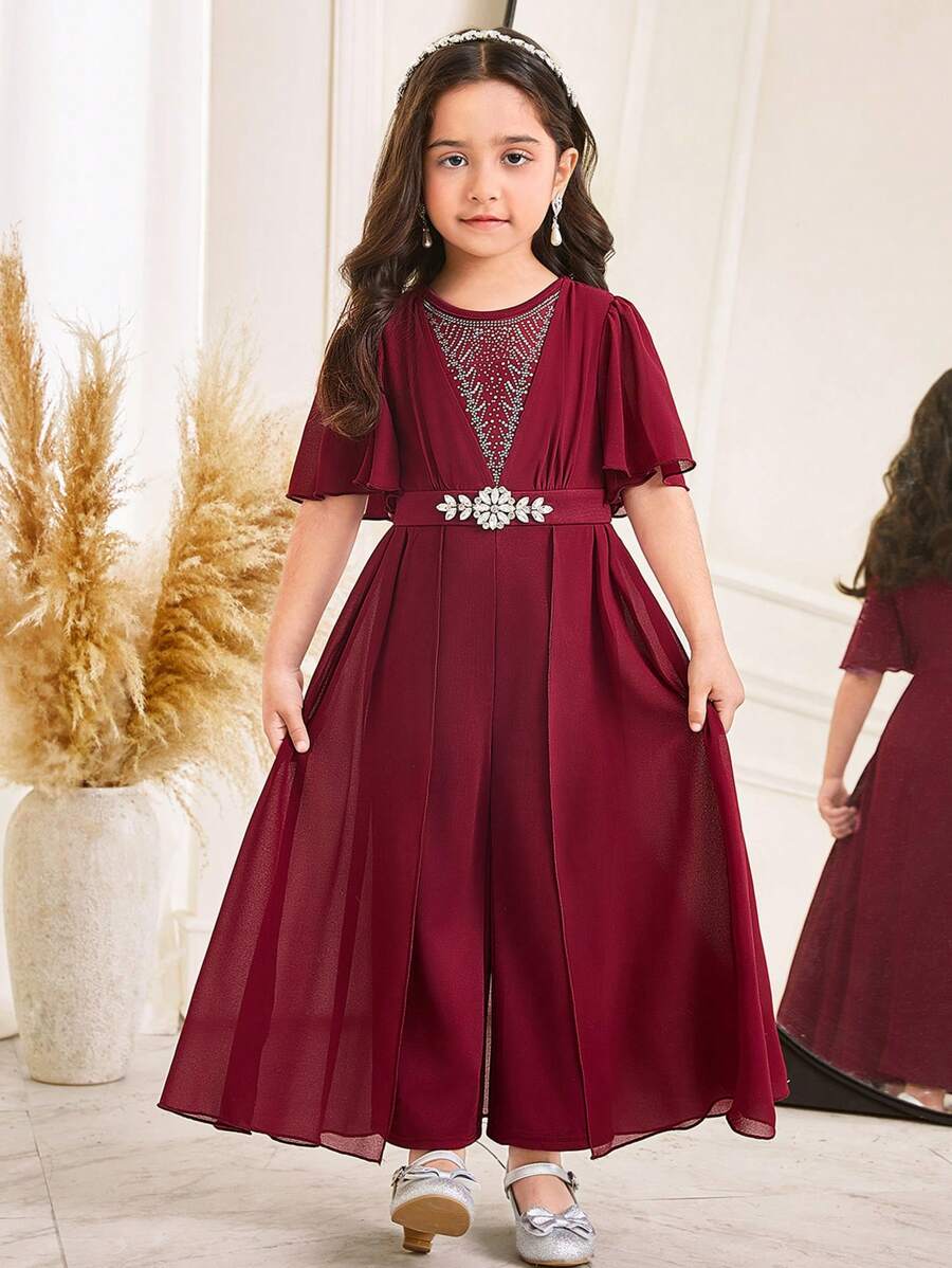SHEIN Young Girl Rhinestone Embellished Ruffle Sleeve Jumpsuit With Capelet