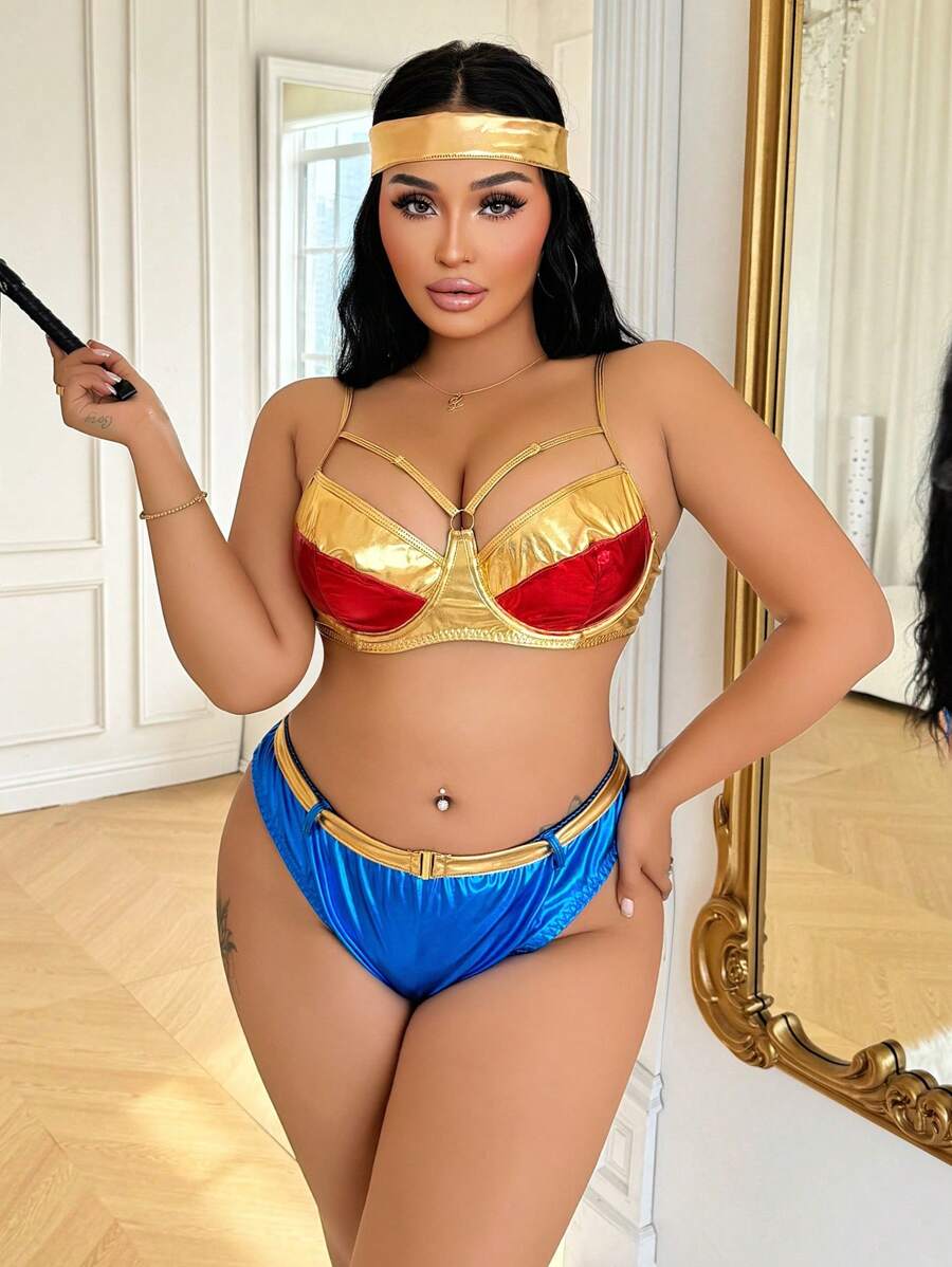 Fantasy Costume 3pcs Plus Size Sexy Power Woman Cosplay Lingerie Set