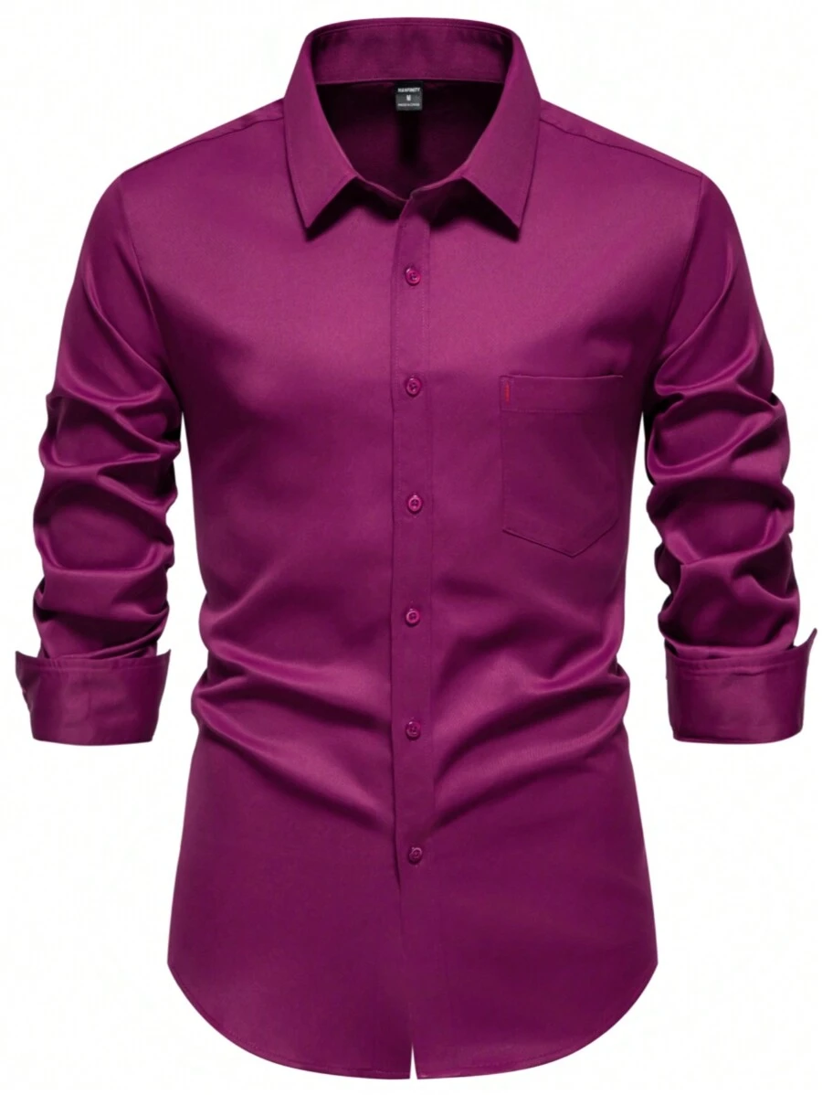 Manfinity Mode Men's Solid Color Single-Breasted Pocket Long Sleeve Casual Shirt