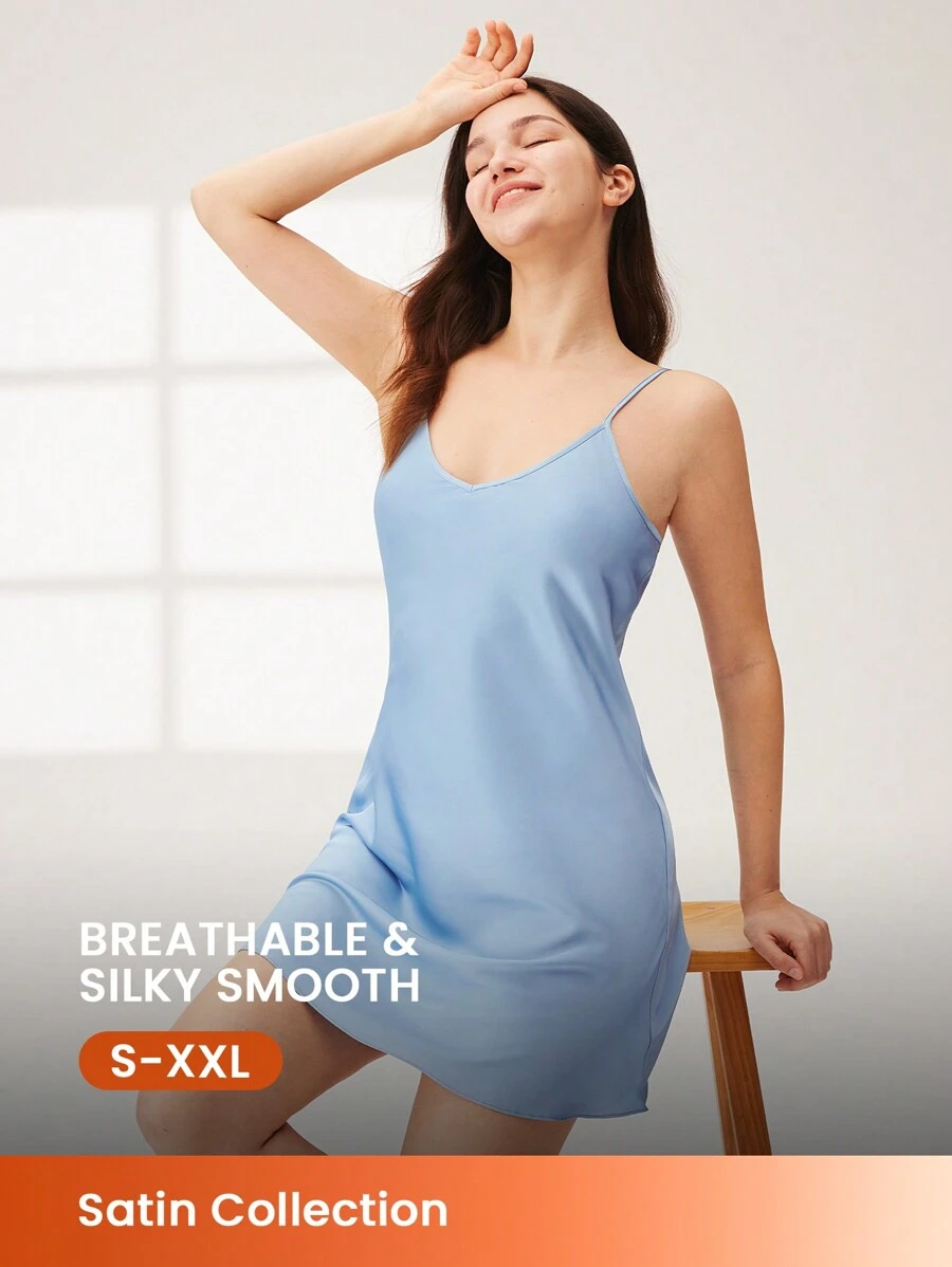 LUVLETTE Silky Blue Sexy Satin V-Neck Camisole Above Knee Airy Pajama Nightdress Wedding Essentials Lingerie As Outerwear Slip Dress Babydoll