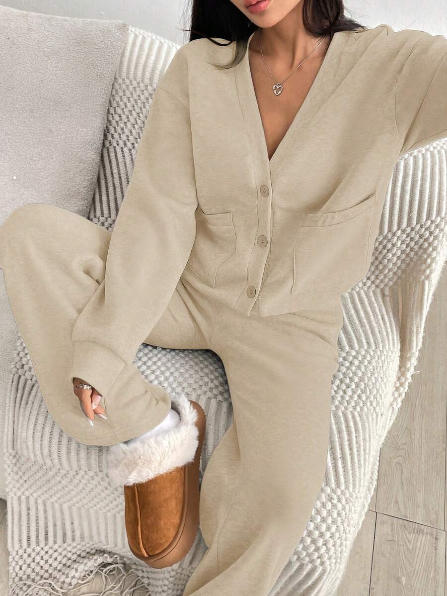 Flirla Women 2 Pieces V-Neck Jacket And Drawstring Waist Straight Leg Joggers Set, Fashion Casual Home Outfit For Autumn/Winter
