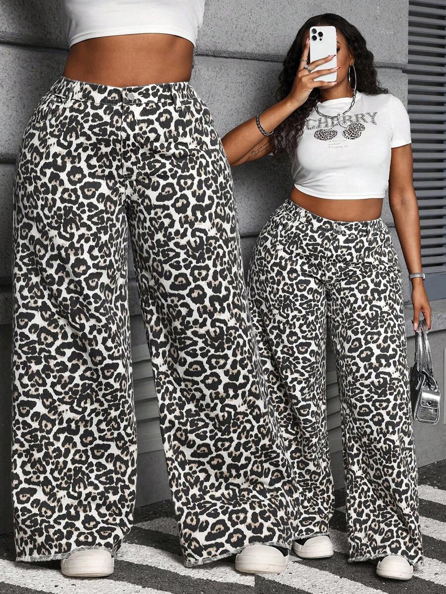 SHEIN SXY Plus Size Women's Jeans Leopard Print Loose Straight Pants Cotto Leopard Print Jeans Jeans Womenvalentine Day Pants Women Summer Baggy Jeans Y2k Baggy Jeans Women