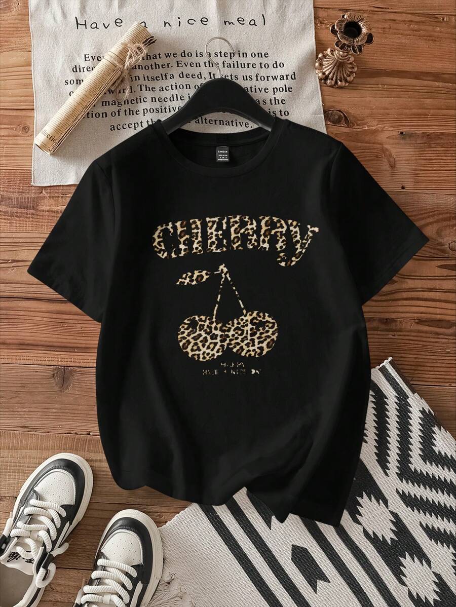SHEIN EZwear Loose Fit Leopard Print & Cherry Graphic Crew Neck Short Sleeve T-Shirt For Women, Summer