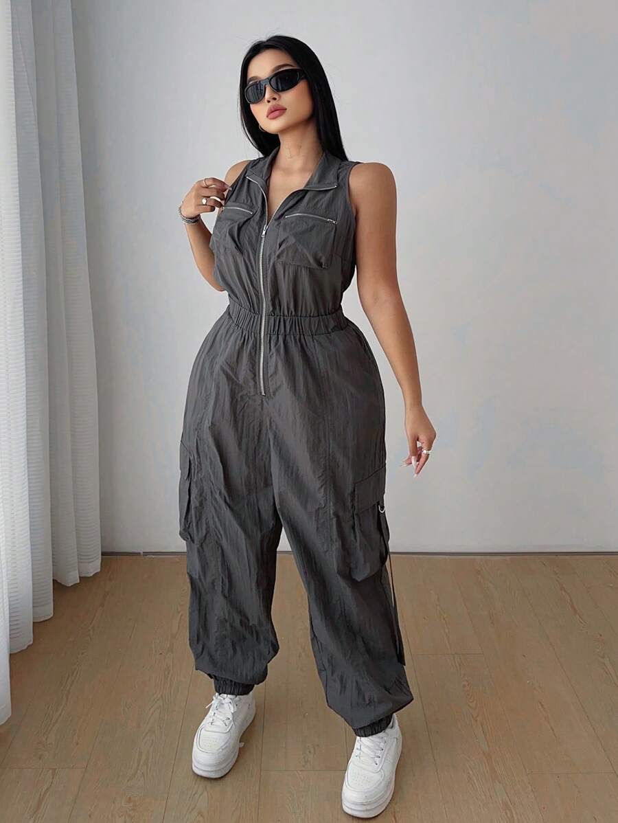 POPSWAY Plus Size Fashionable Sleeveless Grey Jumpsuit